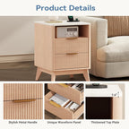 Night Stand with Charging Station, 18 Bedside Table with 2 Drawers, Modern Fluted Wood End Table with 2 AC Outlet 1 USB 1 Type-C, Mid Century Nightstand for Bedroom