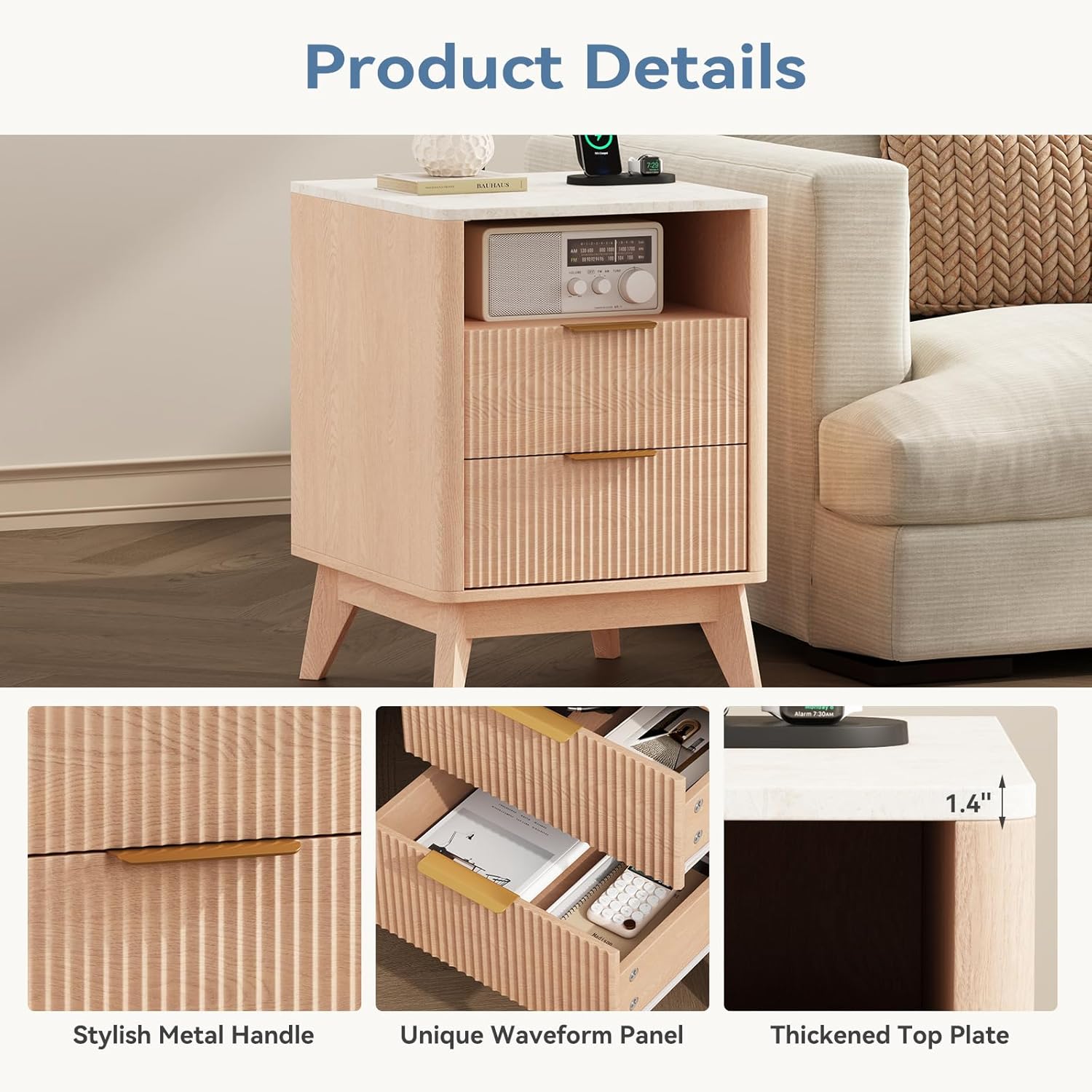 Night Stand Set of 2 with Charging Station, 18 Bedside Table with 2 Drawers, Modern Fluted Wood End Table with 2 AC Outlet 1 USB 1 Type-C, Mid Century Nightstand for Bedroom