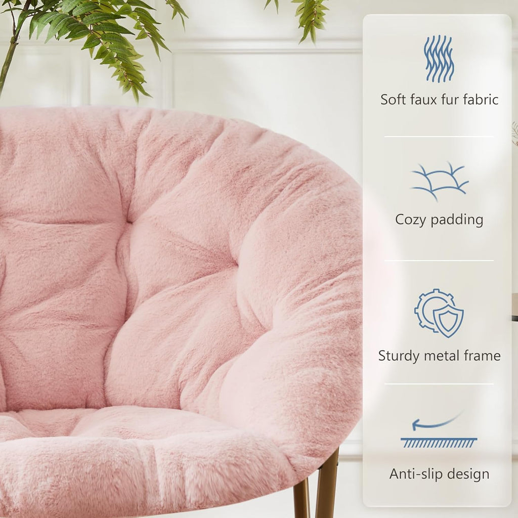 Comfy Saucer Chair,Faux Fur Lounge Seasting XL Circle Chair for Bedroom, Dorm & Gaming, Foldable Fashion Accent Seat for Small Spaces, Folding Moon/Mushroom/Round Oversized Style,Hot Pink