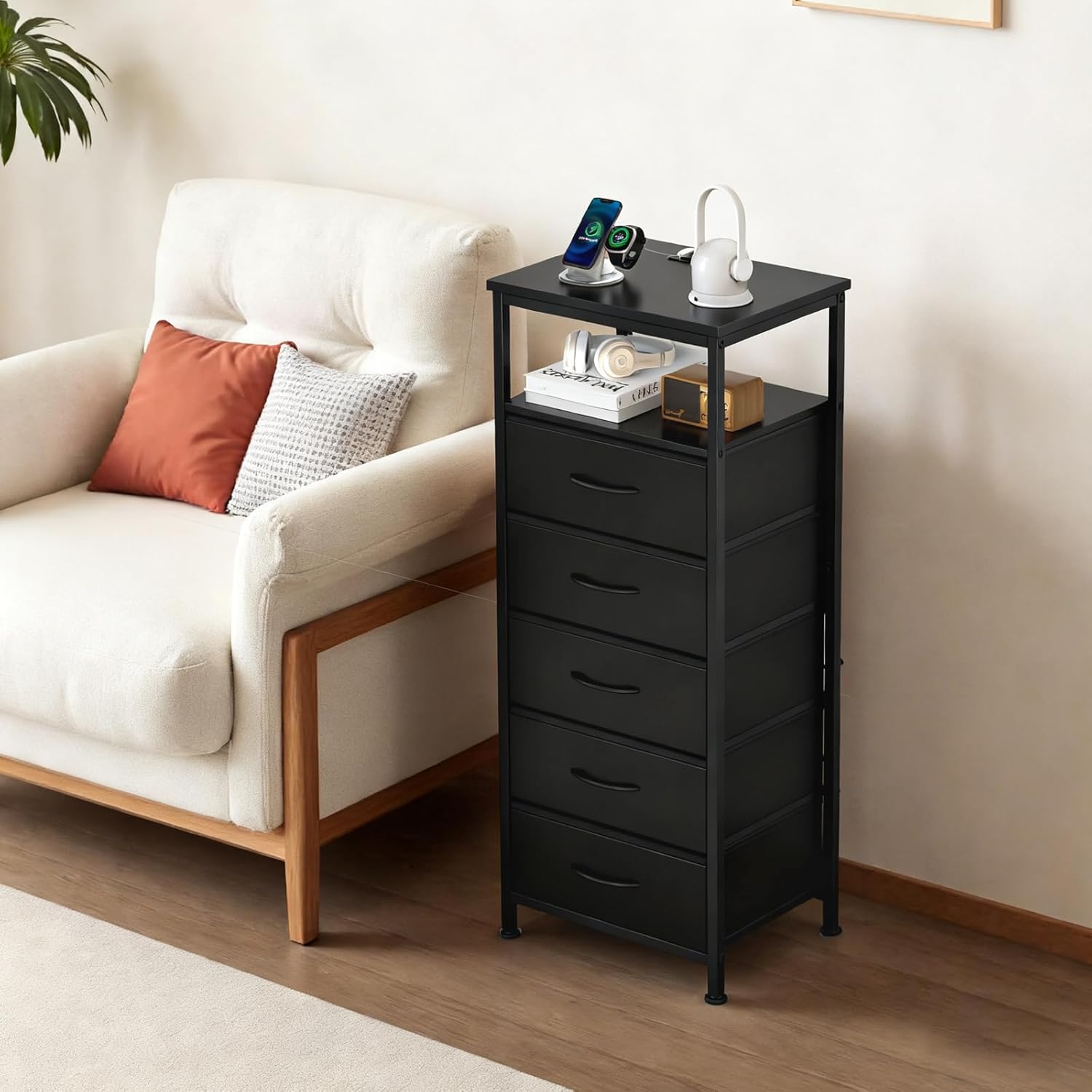 Nightstands Set of 2 with Charging Station, Bedside Table with USB Ports & Type-C, 2 Fabric Drawers Night Stand with Open Shelf, Compact End Table for Bedroom, Rustic Brown