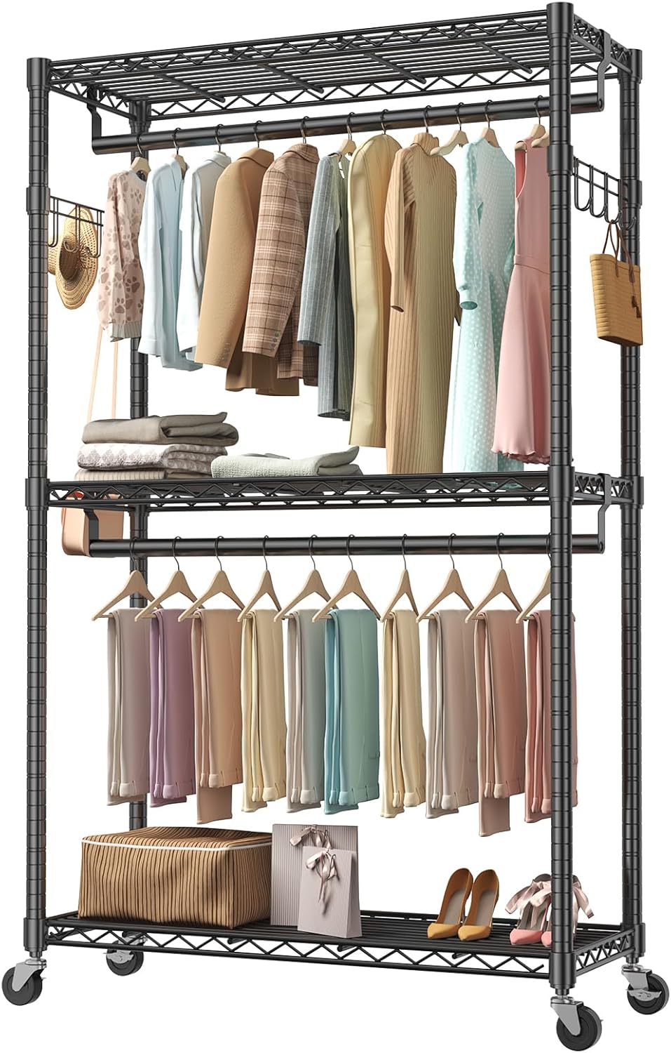 Portable Closet, Rolling Clothes Rack, 29 x 15 x 75 Wardrobe Closet with Adjustable Shelves, Metal Garment Rack with Lockable Wheel, for Cloakroom, Bedroom Storage, Laundry Room, Black