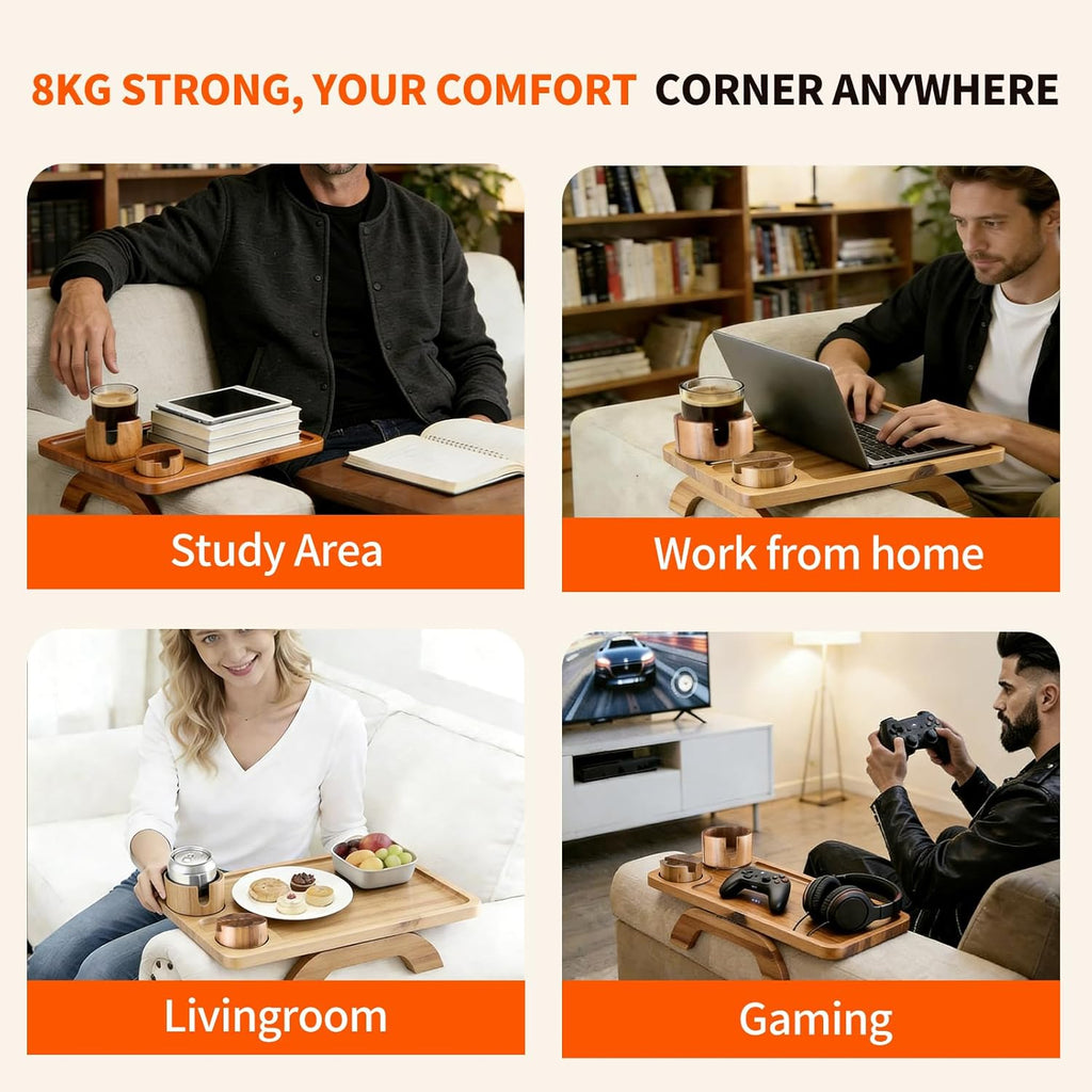 Couch Arm Tray, 3 in 1 Clip on Sofa Arm Tray with 360?? Rotating Phone Holder, Foldable Couch Armrest Table for Drinks & Snacks, Brown