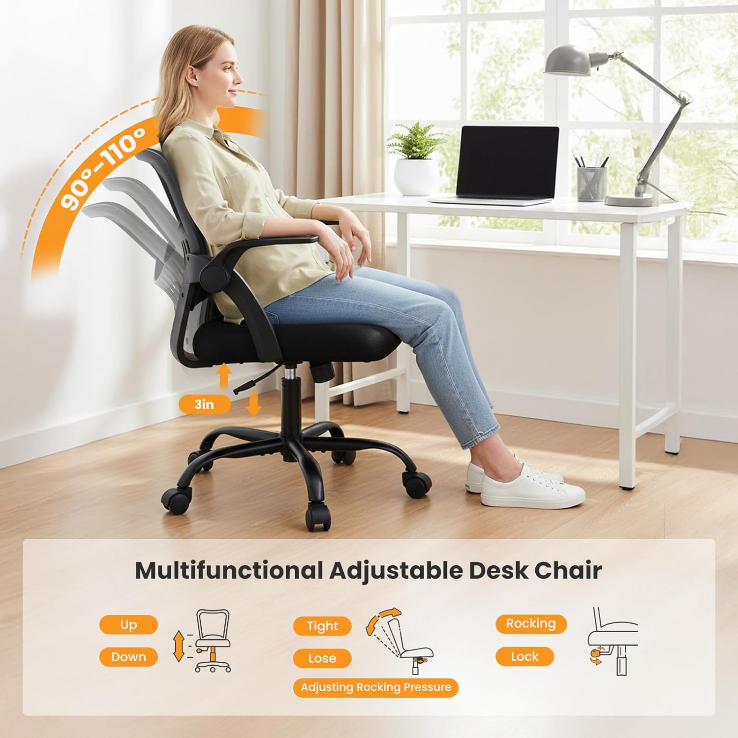 Home Office Managerial Executive Chair, Flip Up Armrest Ergonomic Mesh Adjustable Swivel Mid-Back Computer Desk Chair with Comfortable Lumbar Support, Comfy Arms for Bedroom,Study