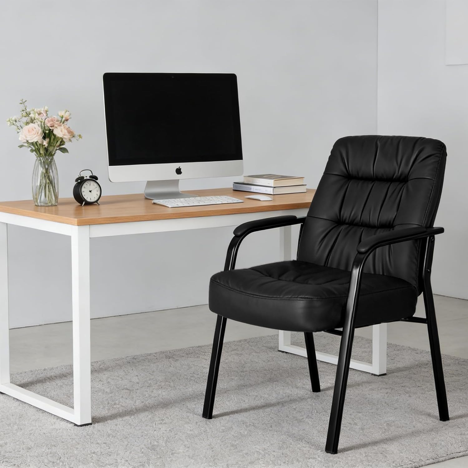 Waiting Room Guest Chair Set of 6, Leather Ergonomic Office Desk Reception Chair No Wheels with Padded Armrest for Conference Lobby Medical Waiting Area Bedroom, Black