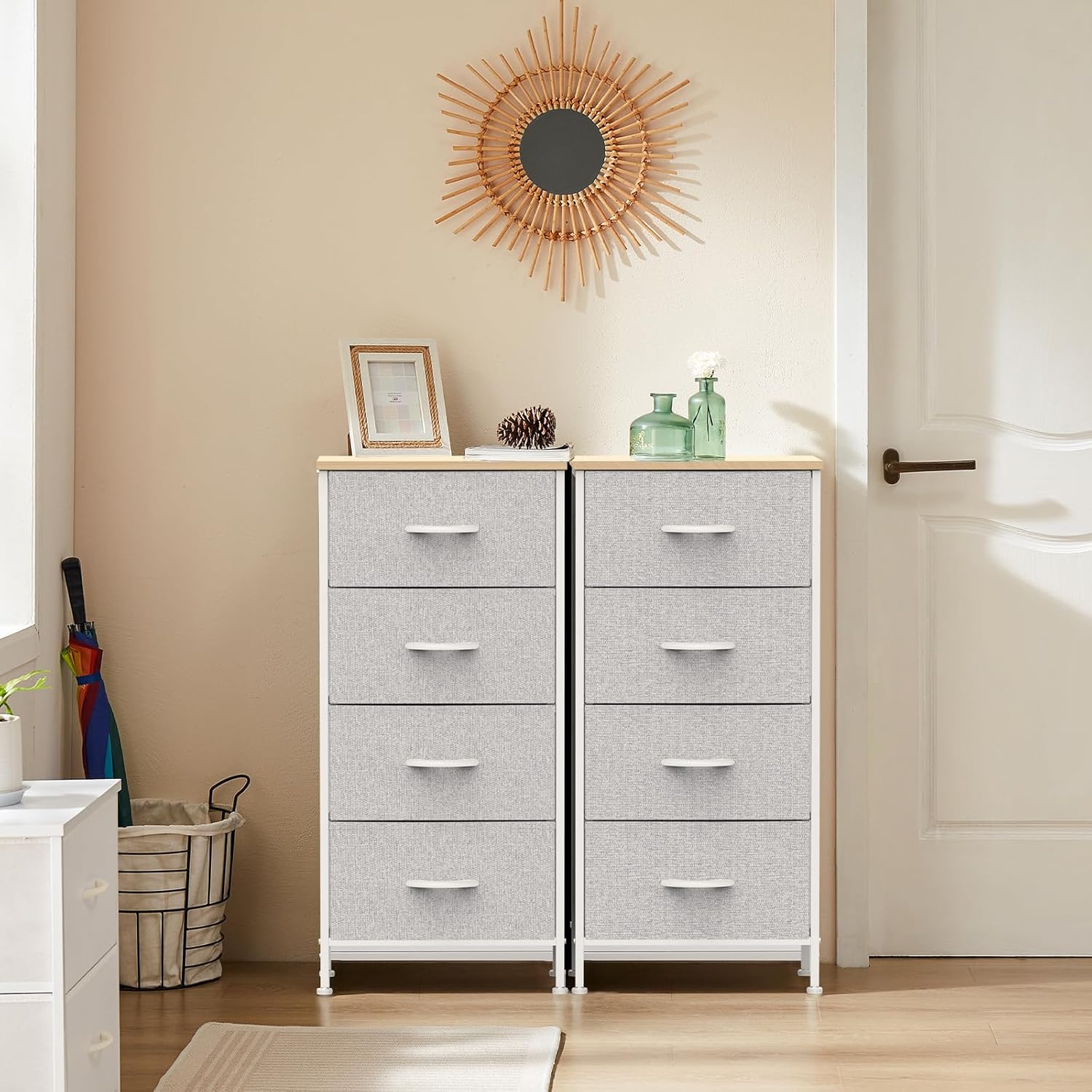 Nightstand with 4 Drawers Bedside Table with Removable Fabric Bins Sturdy Steel Frame Wood Top Organizer Furniture for Bedroom Closet Living Room,Light Gray
