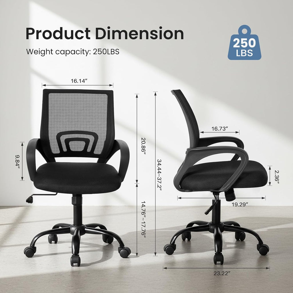 Office Desk Chair - Ergonomic Mid Back with Lumbar Support & Rocking Mode, Height Adjustable with Fixed Armrest, Storage Back for Computer, Gaming, Conference, Meeting, 360?? Swivel, Black