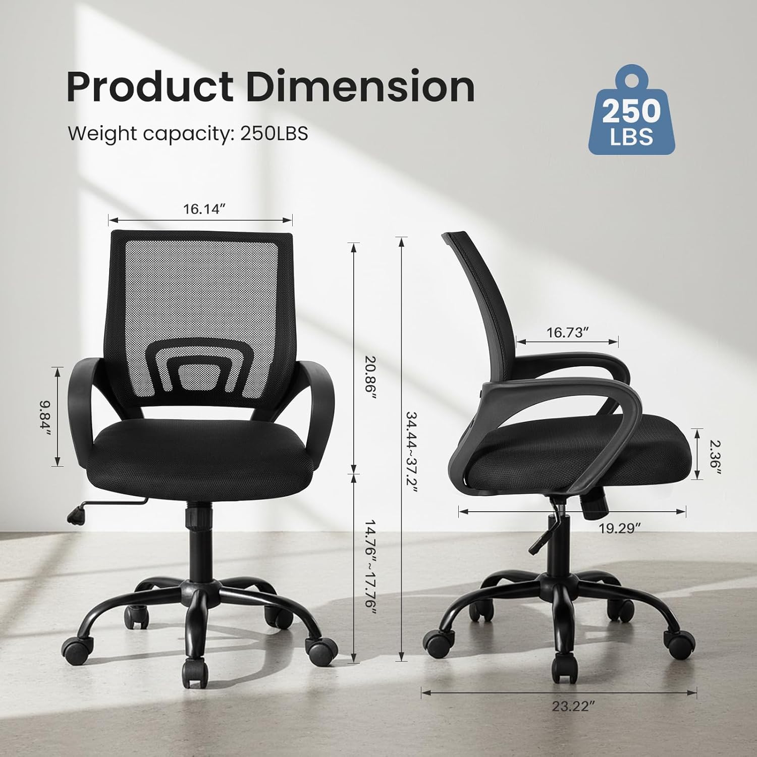 Office Desk Chair - Ergonomic Mid Back with Lumbar Support & Rocking Mode, Height Adjustable with Fixed Armrest, Storage Back for Computer, Gaming, Conference, Meeting, 360?? Swivel, Black