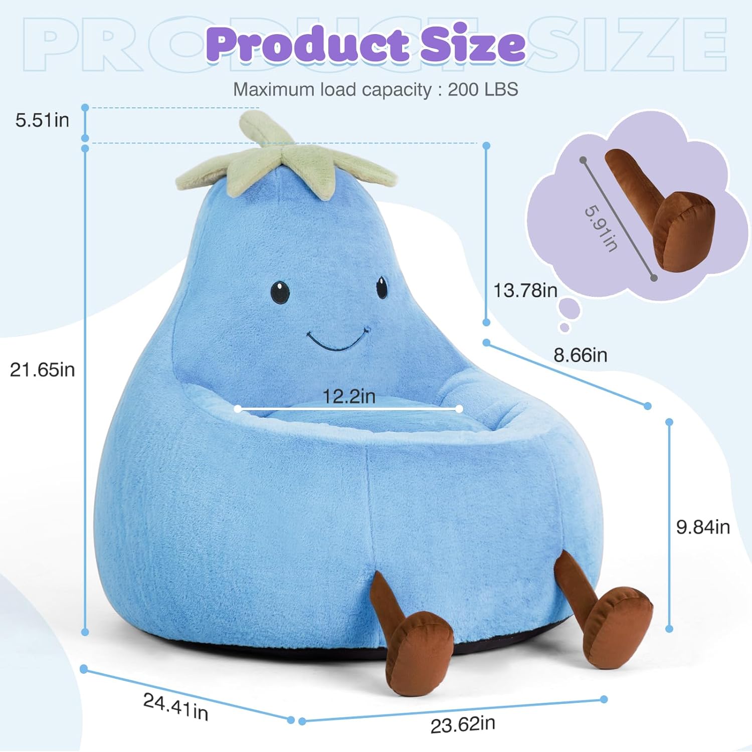 Kids Bean Bag Chair, Stuffed Toddler Couch with Faux Rabbit Fur Cover for Teens & Kids, Comfy Lazy Sofa Chair for Reader, Living Room, Bedroom, Aged 4-12 Years, 24 Inch, Blue