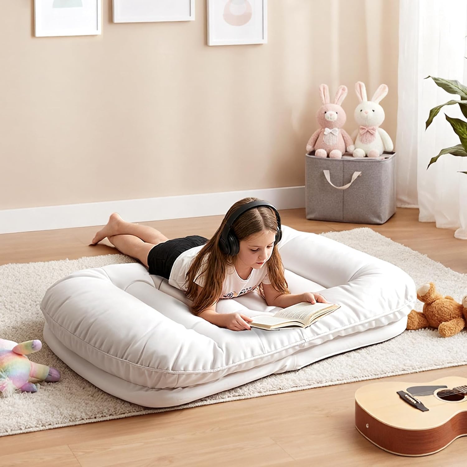 Comfy Saucer Chair,PU Leather Foldable Chairs for Bedroom, Dorm & Gaming, Fashion Floor Chair with Back Support for Small Spaces,Snow White