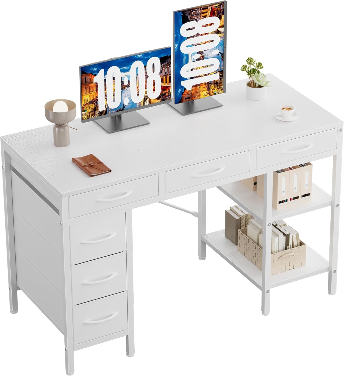55 Computer Desk with 6 Drawers, Home Office Gaming Desks with Storage Shelves for Bedroom, Writing Study Corner Living Room Work Table Rustic Brown