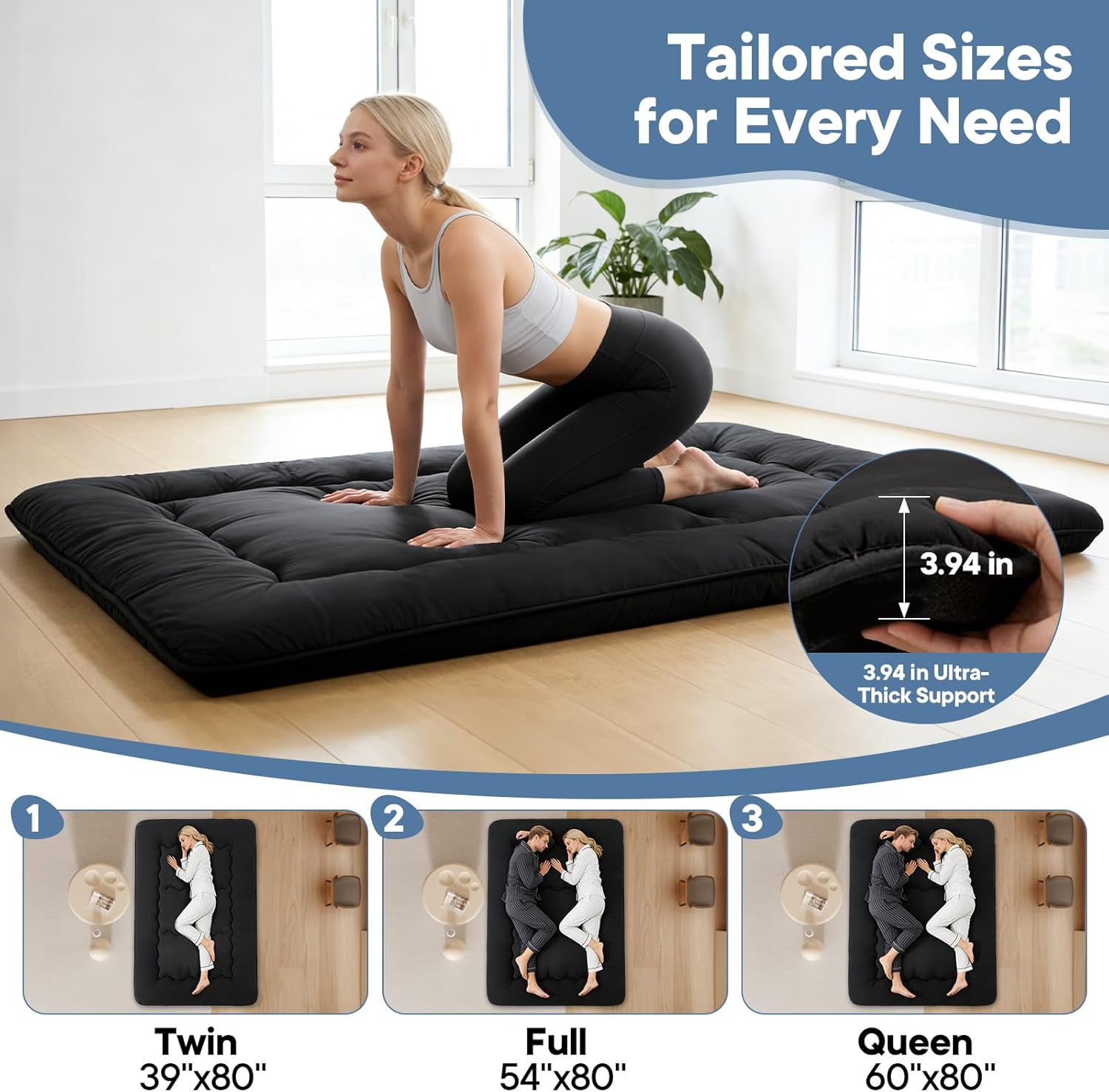 Japanese Floor Mattress Twin Size, Futon Mattress Foldable with Removable Washable Cover, Portable Roll Up Tatami Mat for Kids Room, Dorm, Sleepovers and Solo Sleeper, Black
