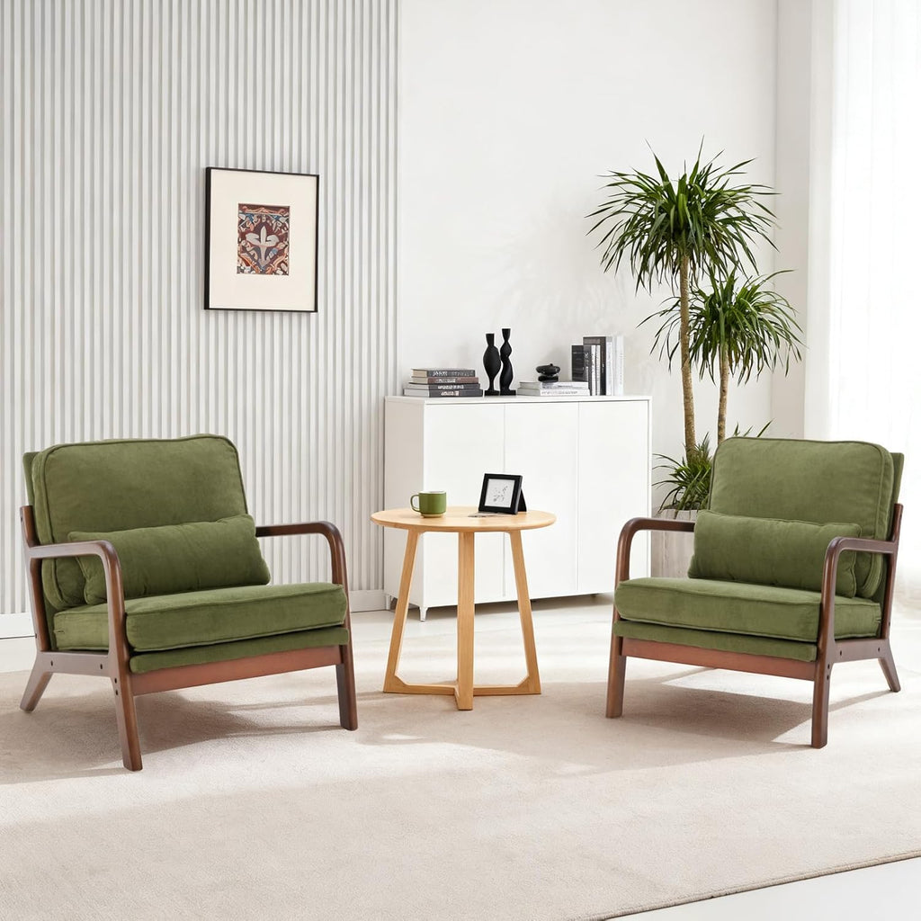 Mid Century Accent Chair, Modern Living Room Chairs with Arms and Waist Cushion, Reading Chairs for Adults, Lounge Chair for Bedroom, Solid Wooden Frame, Classic Green