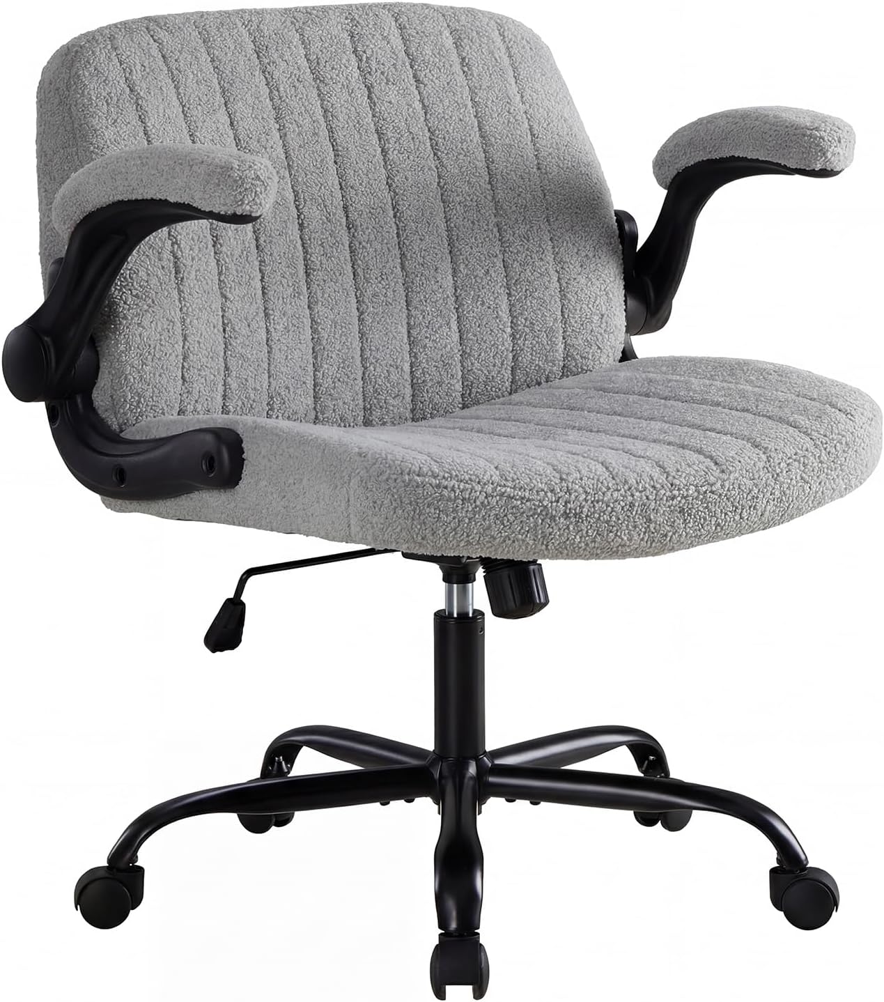 Criss Cross Office Chair with Wheels, Wide Cross Legged Desk Vanity Chair Comfy Fabric Flip-Arms Adjustable Swivel Chairs for Home Computer Bedroom, Grey