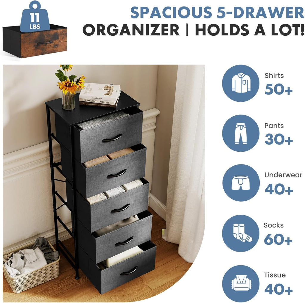 TV Stand Dresser with 5 Fabric Storage Drawers, Media Console Featuring Open Shelf for 45 inch TV, Compact Entertainment Unit for Bedroom, Living Space, or Dorm Organization, Light Grey
