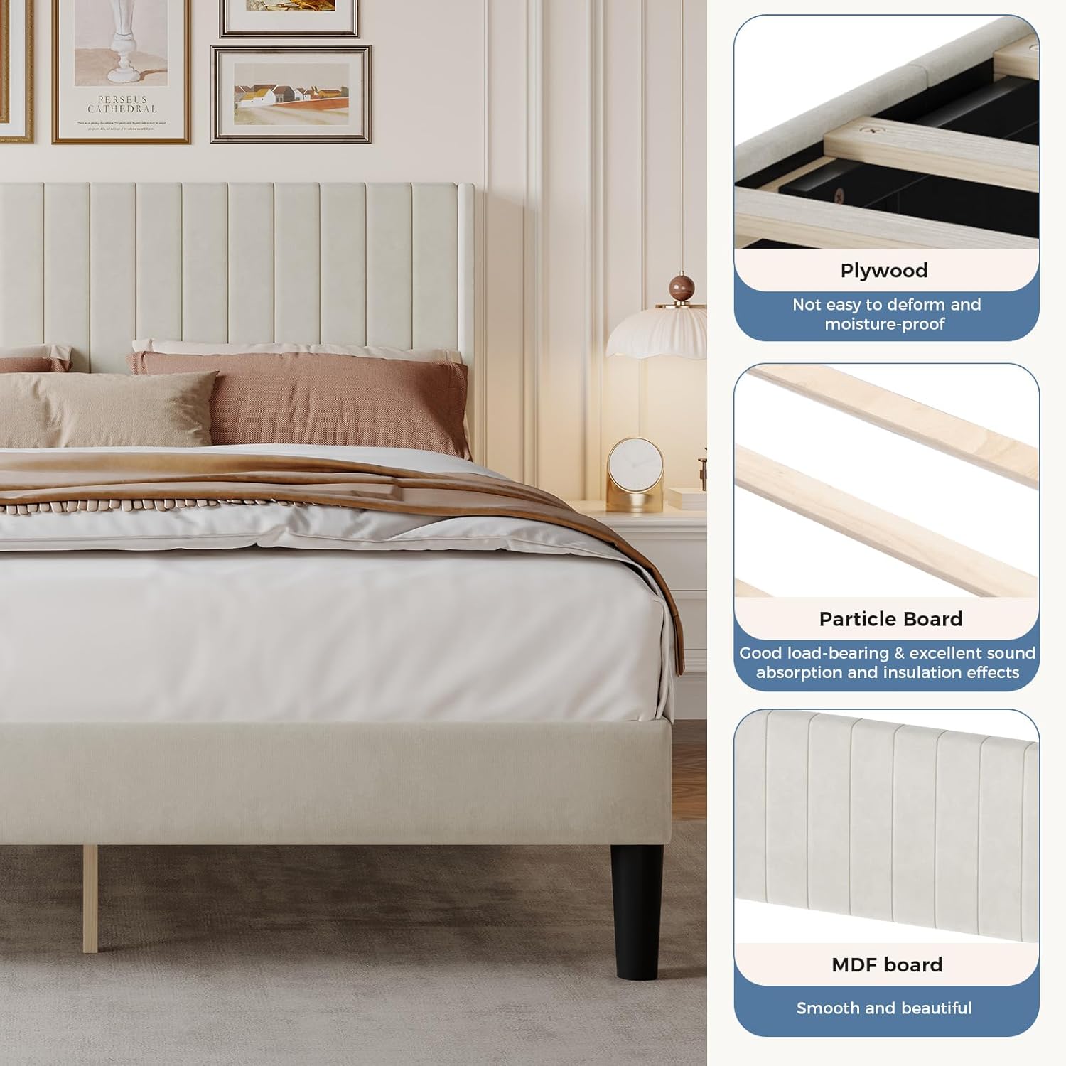 Queen Size Bed Frame with Modern Fabric Upholstered Wingback Headboard & Wooden Slats, 800lbs Capacity, No Box Spring Needed, Easy Assembly Upholstered Platform Bed, Beige