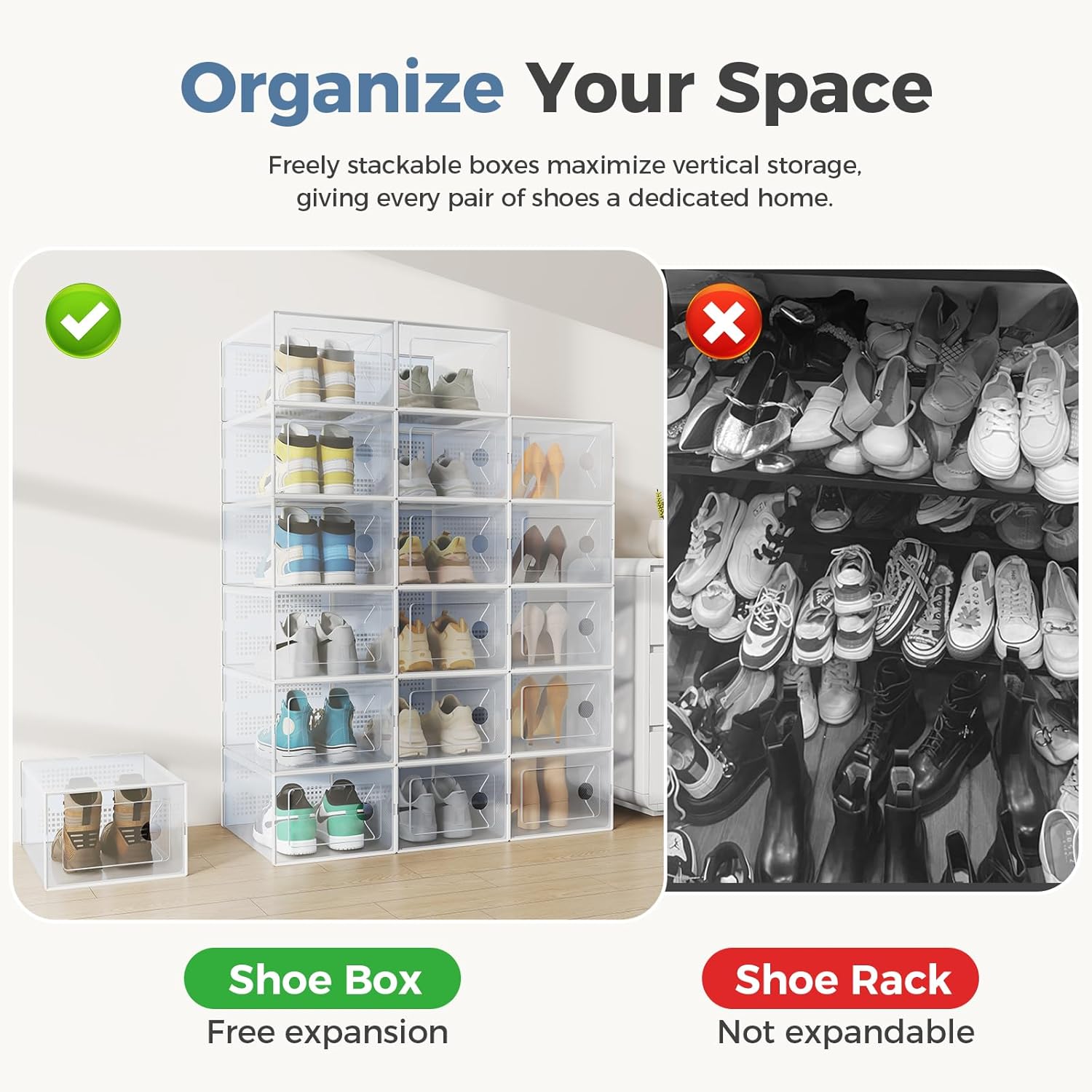 Shoe Storage Boxes, 15-Pack Stackable Clear Shoe Containers with Lids, Display Sneaker Case Organizer for Closet, Under Bed, Entryway,White (Fit Size 9)