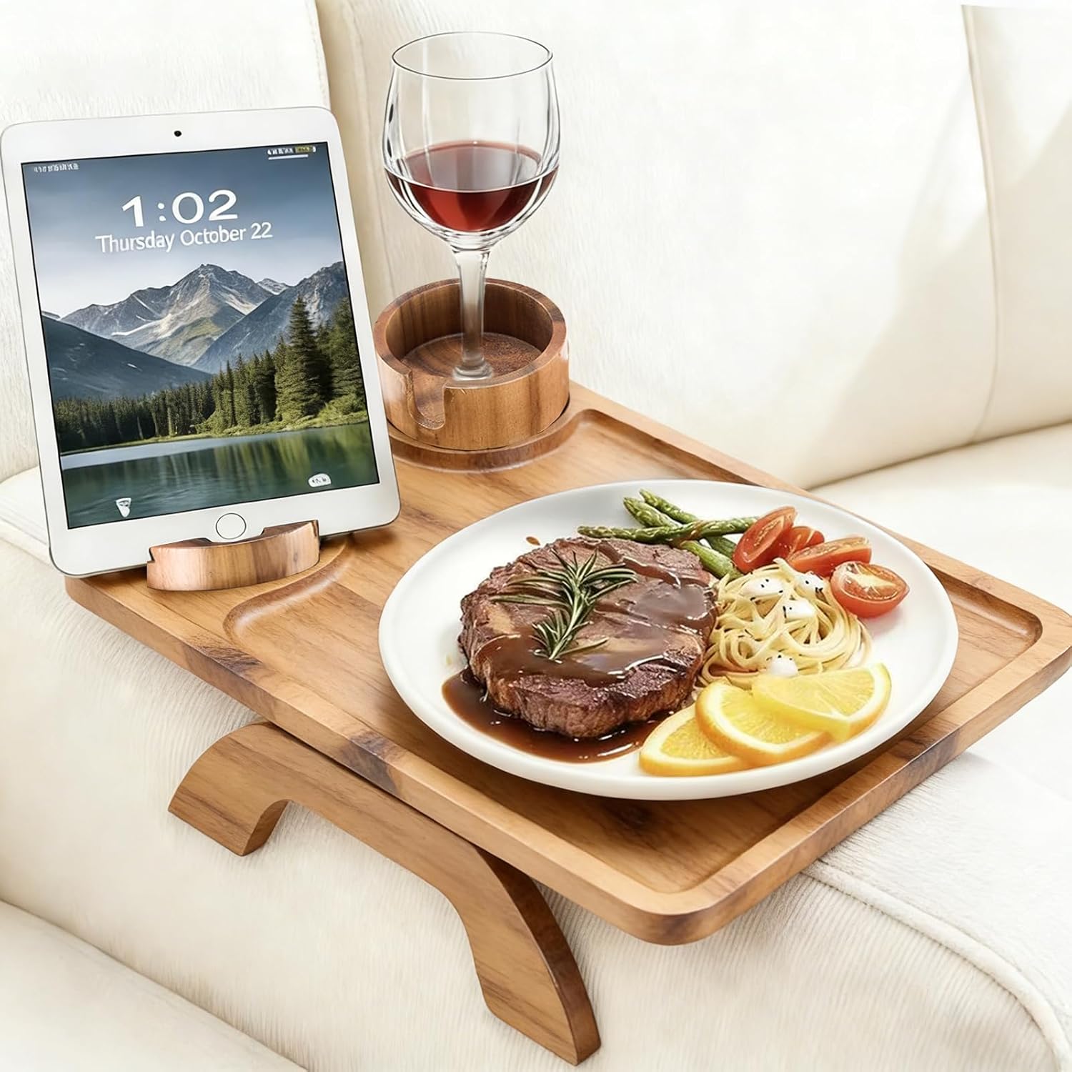 Couch Arm Tray, 3 in 1 Clip on Sofa Arm Tray with 360?? Rotating Phone Holder, Foldable Couch Armrest Table for Drinks & Snacks, Brown