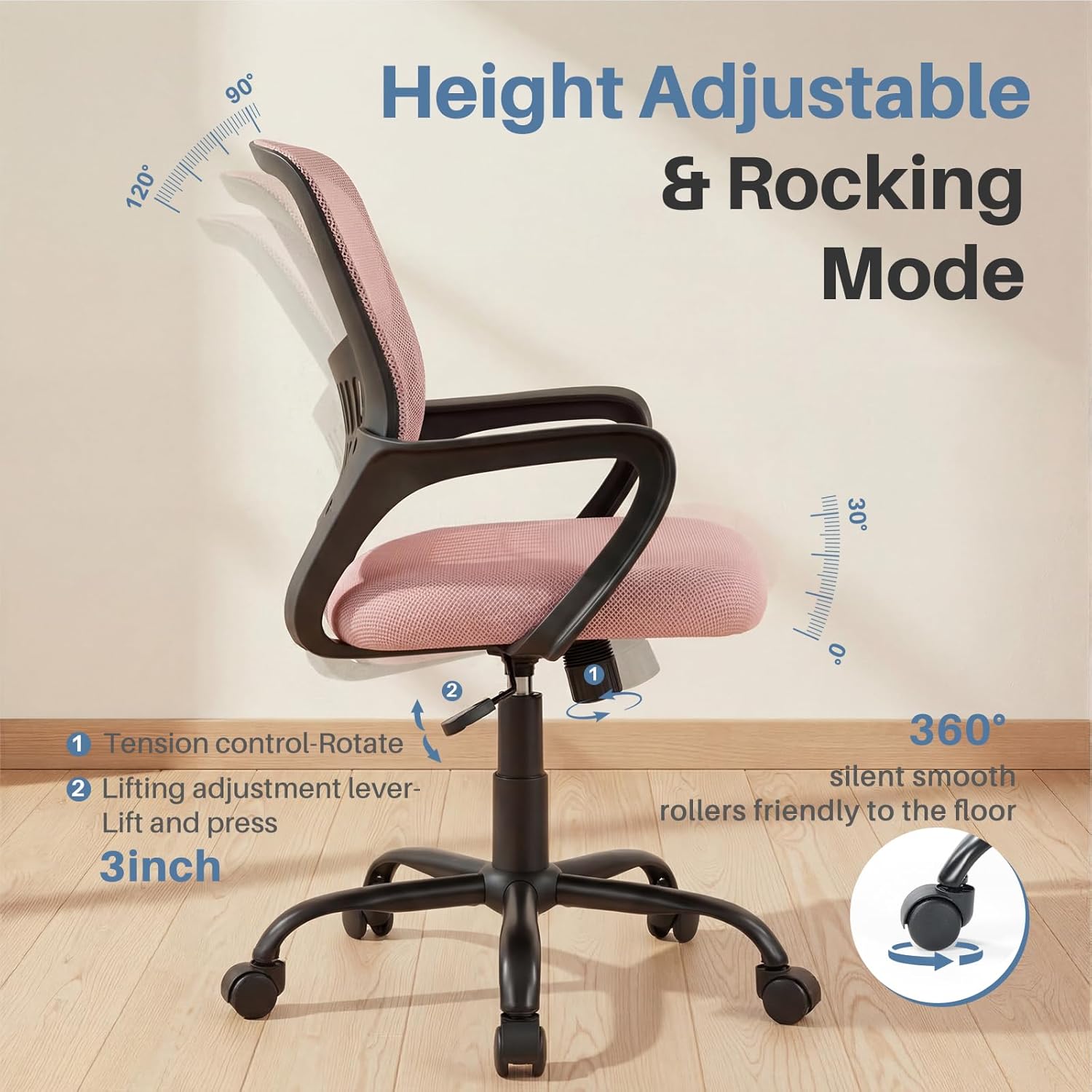 Home Office Chair - Ergonomic Mid Back Mesh Desk Chair with Lumbar Support & Rocking Mode, Height Adjustable with Fixed Armrest, for Conference, Computer, 360?? Swivel, Adults, Pink