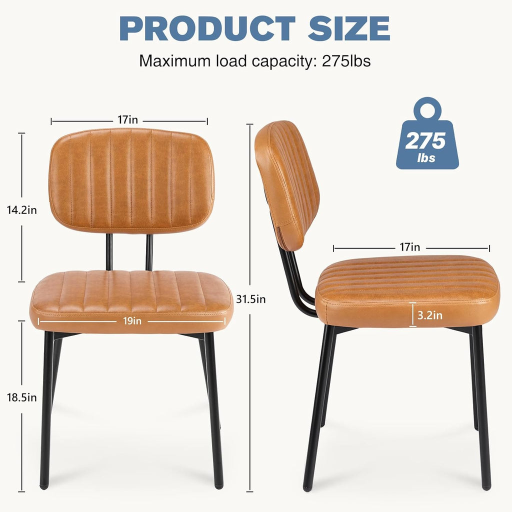 Dining Chairs Set of 6, Upholstered Mid-Century PU Leather Accent Chair with Backrest and Metal Legs for Kitchen, Living Room, Brown