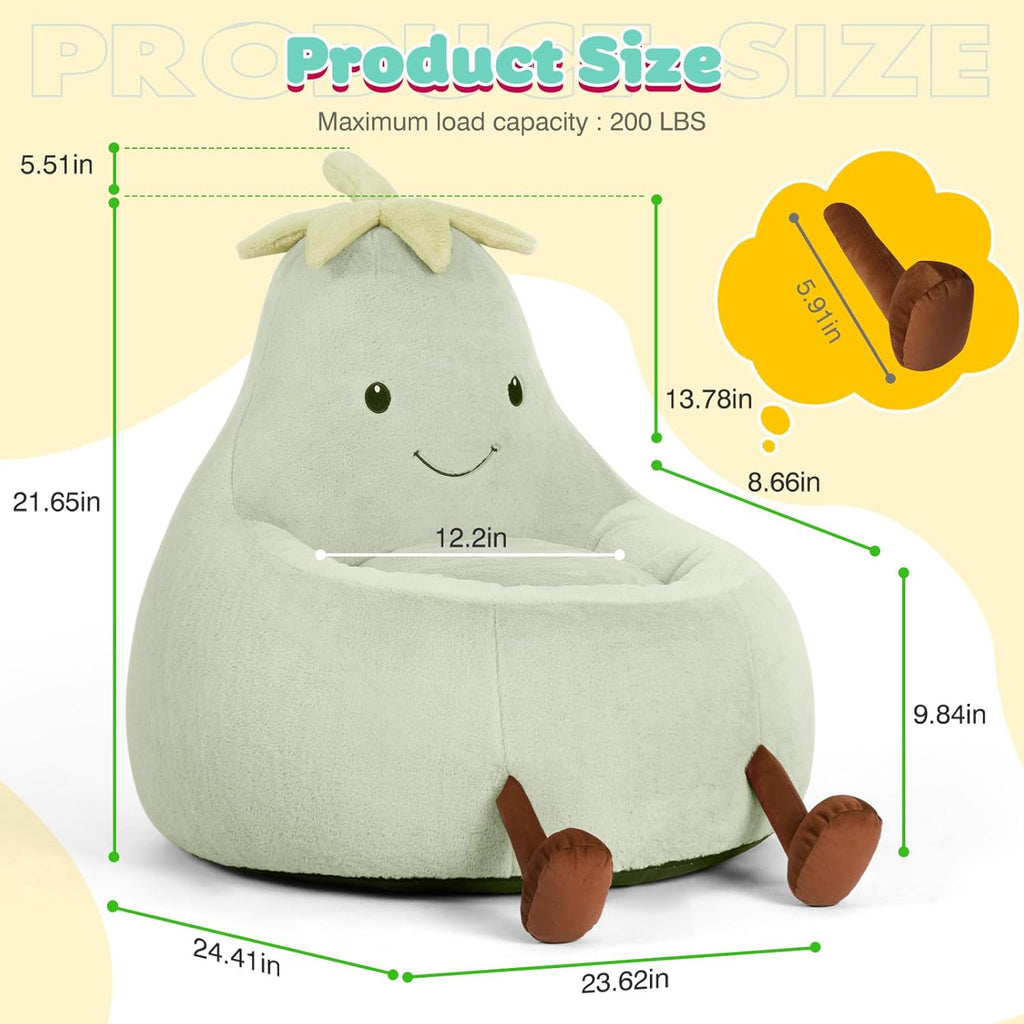 Kids Bean Bag Chair, Stuffed Toddler Couch with Faux Rabbit Fur Cover for Teens & Kids, Comfy Lazy Sofa Chair for Reader, Living Room, Bedroom, Aged 4-12 Years, 24 Inch, Green