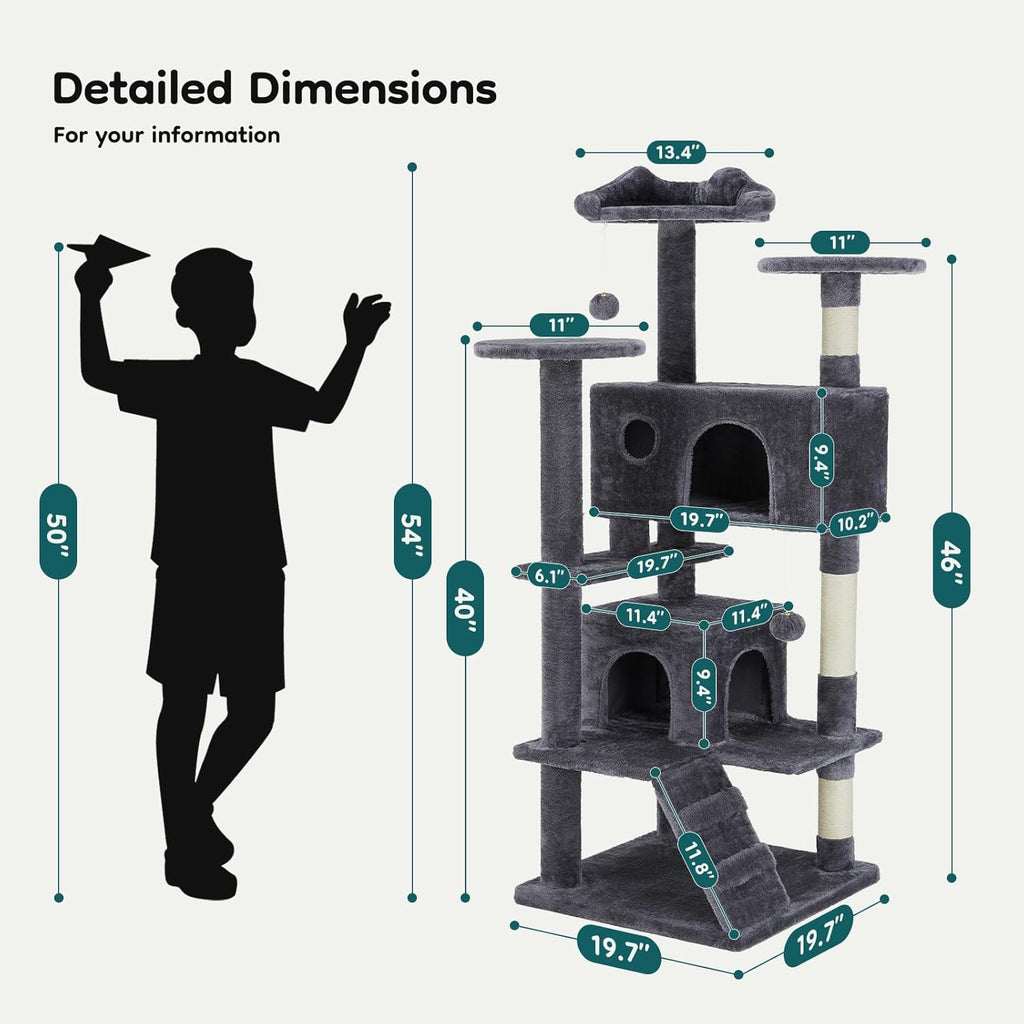 54-inch Indoor Cat Tree Tower ?CMulti-Level Pet House for Large Cats with 2 Condos, Scratching Posts, Round Platform, Small Ladder, and Toys ?C Perfect for Cats of All Ages, Dark Grey