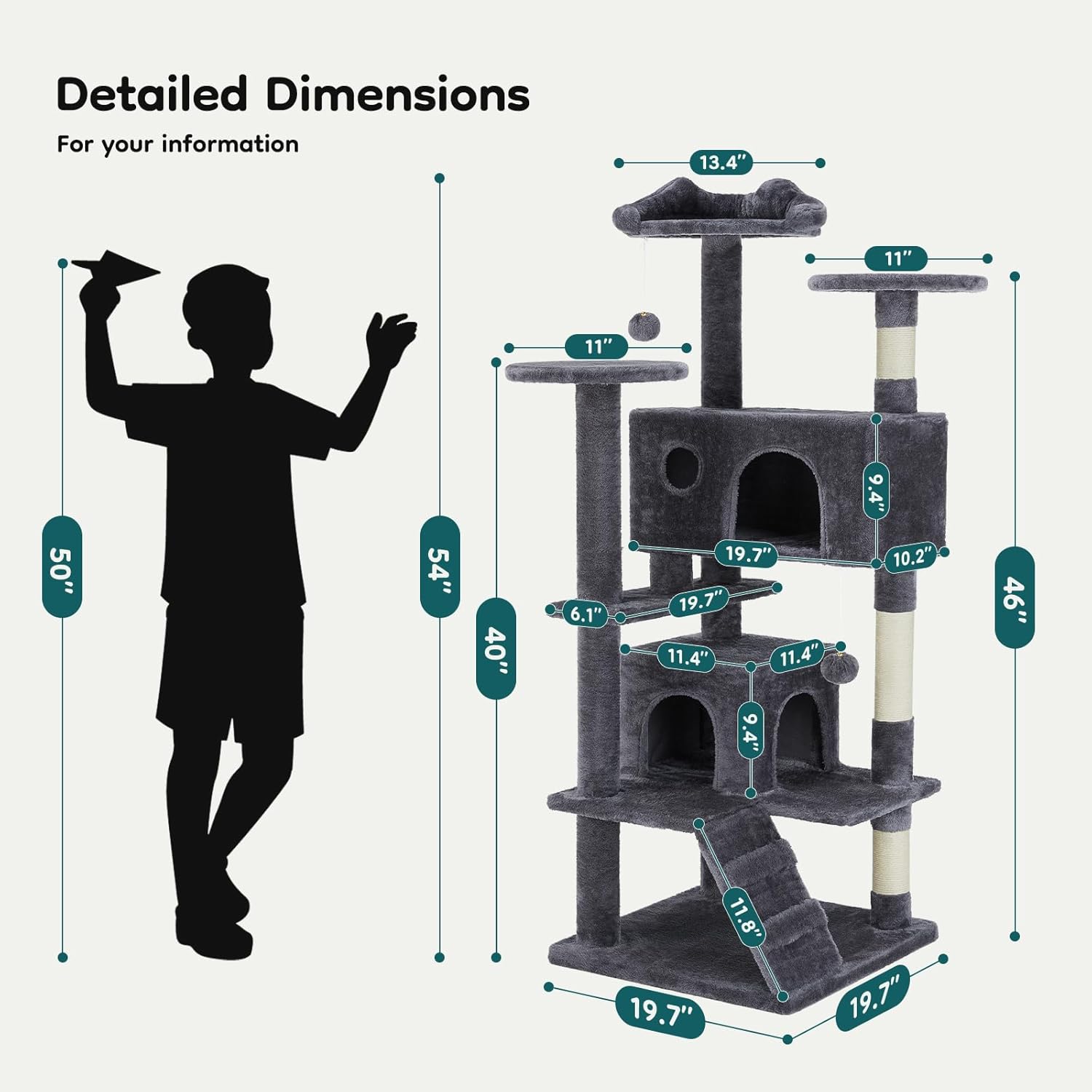 54-inch Indoor Cat Tree Tower ?CMulti-Level Pet House for Large Cats with 2 Condos, Scratching Posts, Round Platform, Small Ladder, and Toys ?C Perfect for Cats of All Ages, Dark Grey