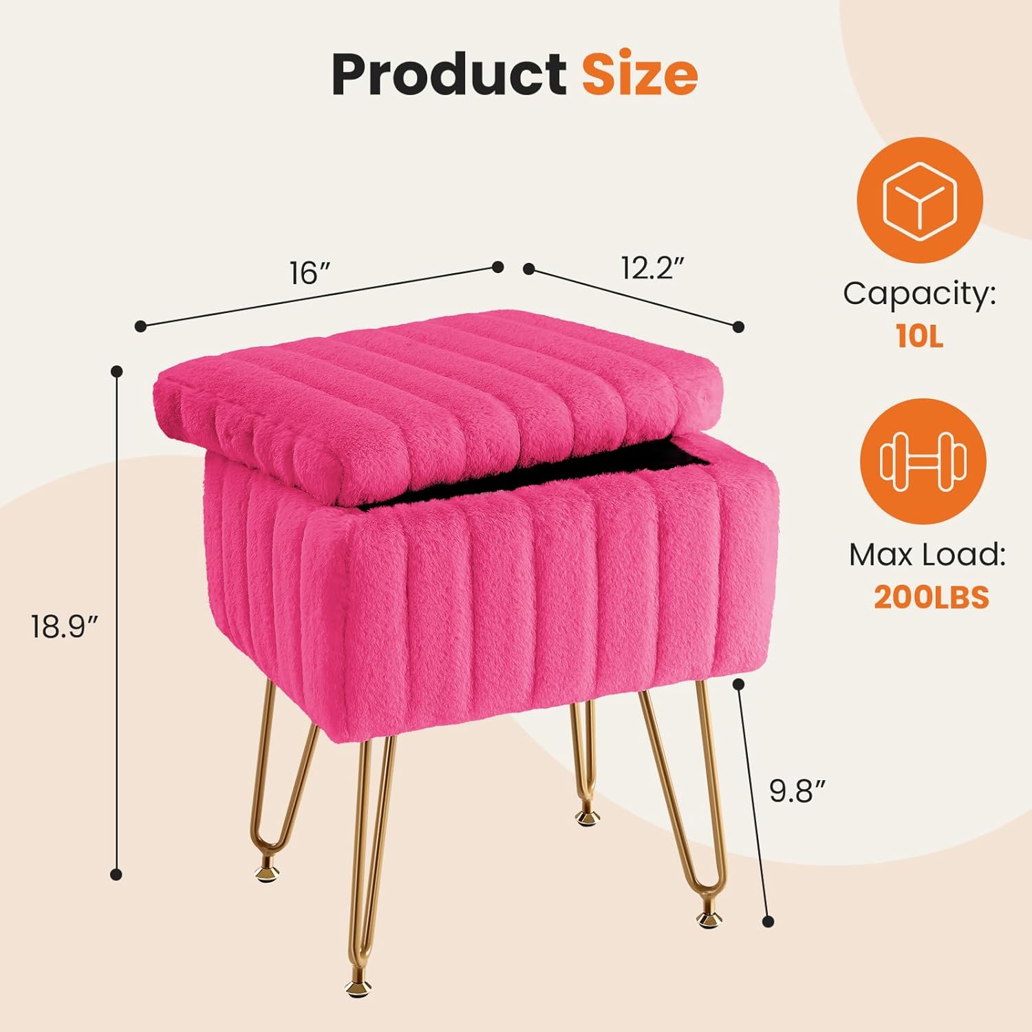 Vanity Stool Chair, Ottoman with Storage, Makeup Cute Soft Small Footstool, Modern Style Faux Fur Seat with 4 Metal Legs & Adjustable Feet for Dressing, Living Room, Bedroom, Dorm, Red