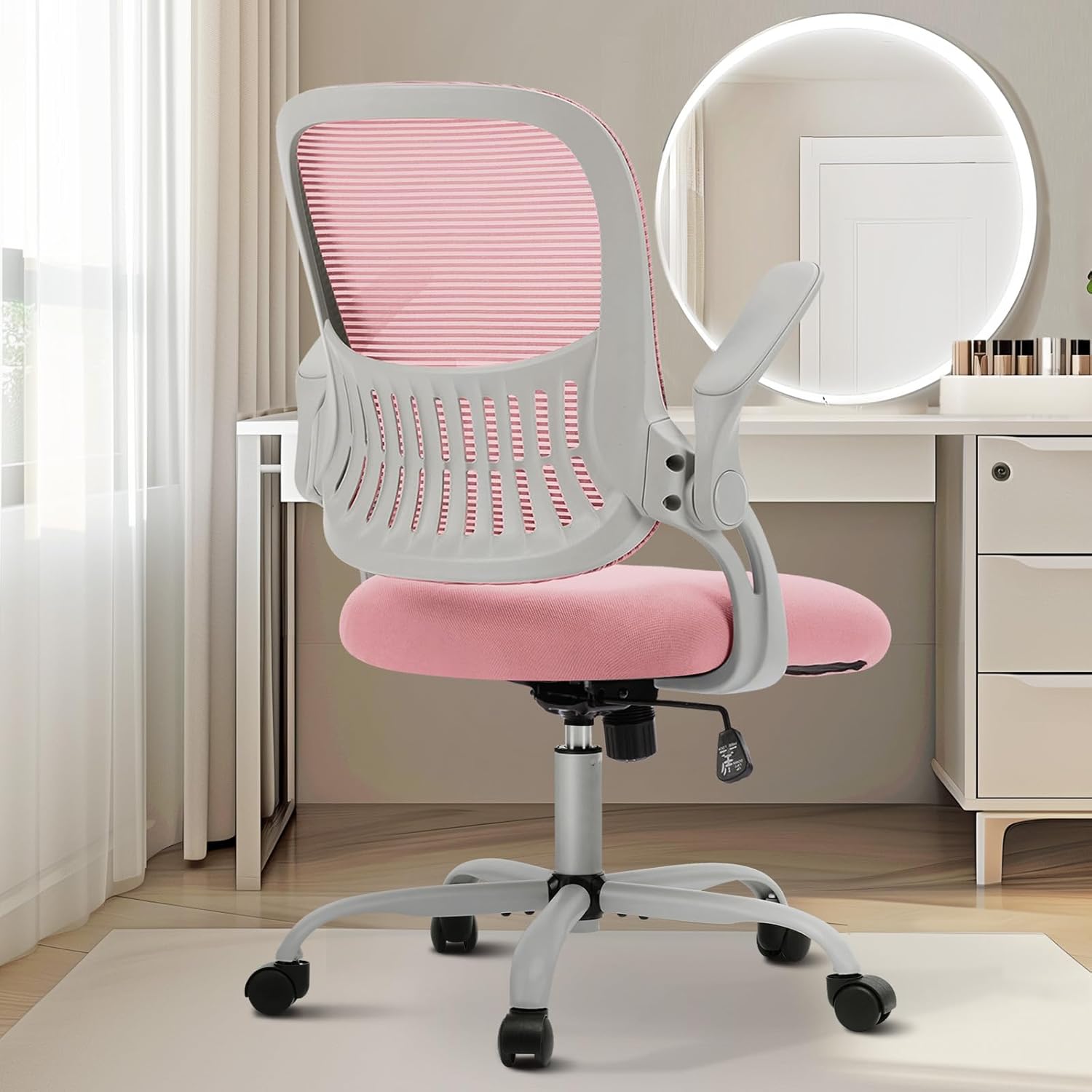 Home Office Managerial Executive Chair, Ergonomic Mesh Adjustable Swivel Mid-Back Chair with, Flip-up Arms, Comfortable Lumbar Support, Comfy Arms for Bedroom,Study,Student, Grey