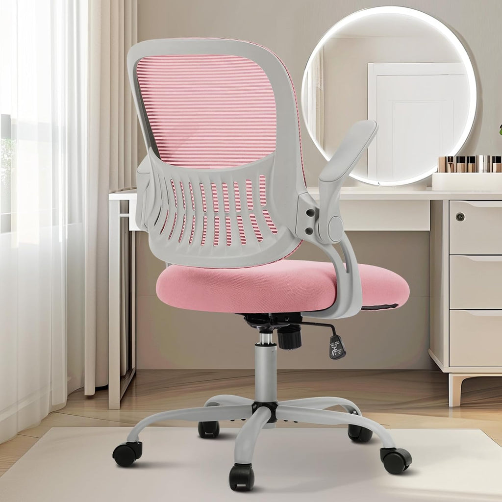 Home Office Managerial Executive Chair, Flip Up Armrest Ergonomic Mesh Adjustable Swivel Mid-Back Computer Desk Chair with Comfortable Lumbar Support, Comfy Arms for Bedroom,Study