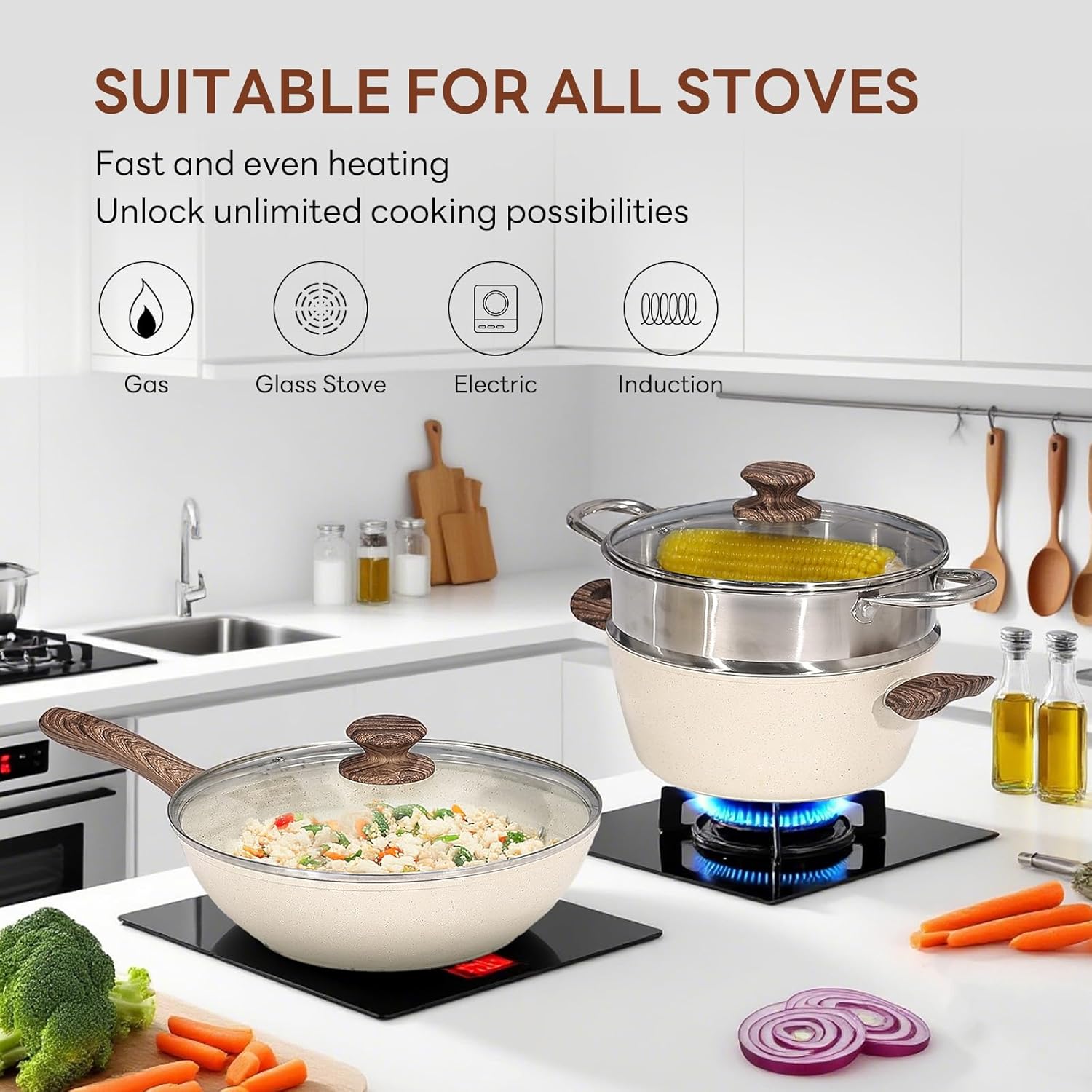 17 Pcs Pots and Pans Set, Nonstick Kitchen Cookware Set, Induction Cooking Sets with Stay-Cool Handles, Beige