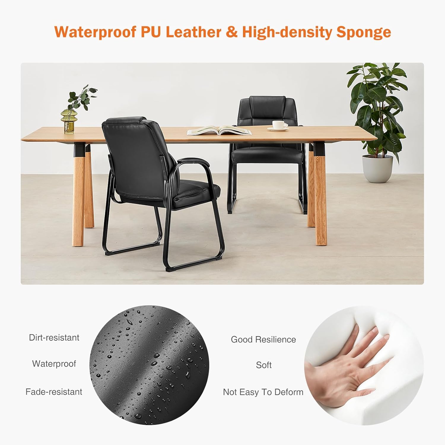 Waiting Room Guest Chair Set of 4, Stationary Office Reception Chairs No Wheel, Comfy Padded Arms and Seld Base, for Conference Room Lobby Home Computer Desk Bedroom Elderly, Deep Black