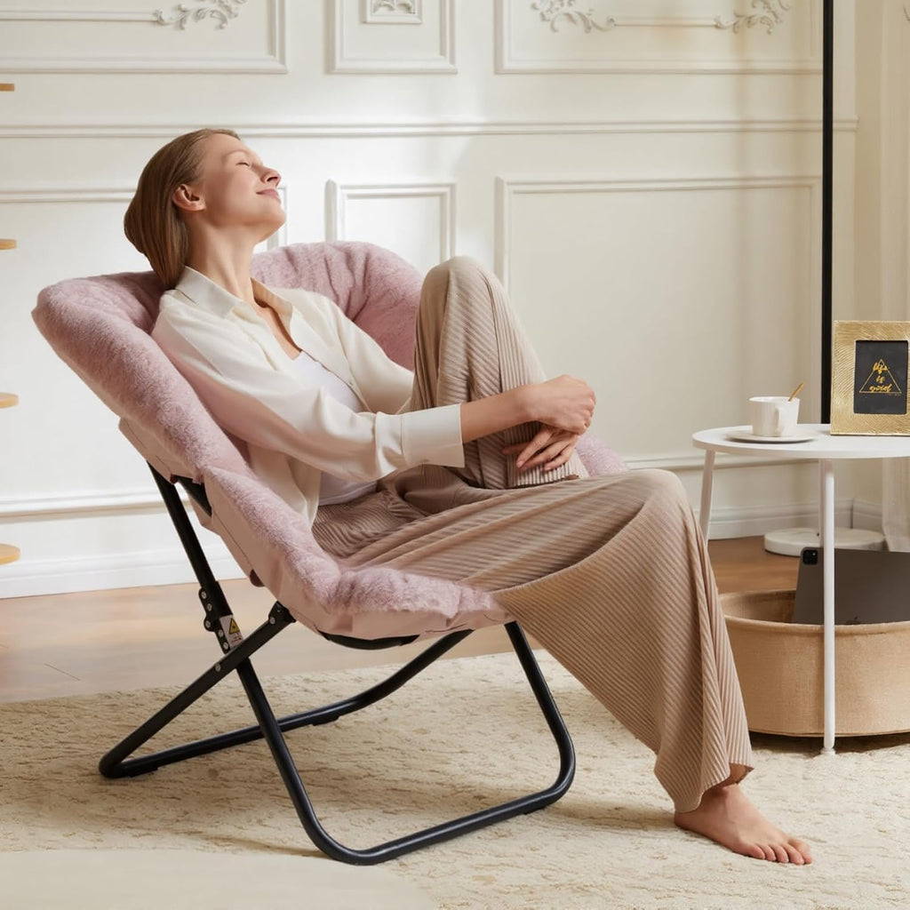 Saucer Chair, Foldable Living Room Chairs, Soft Faux Fur Lounge Chair for Bedroom, Reading Chairs for Adults, X-Large (Pink)