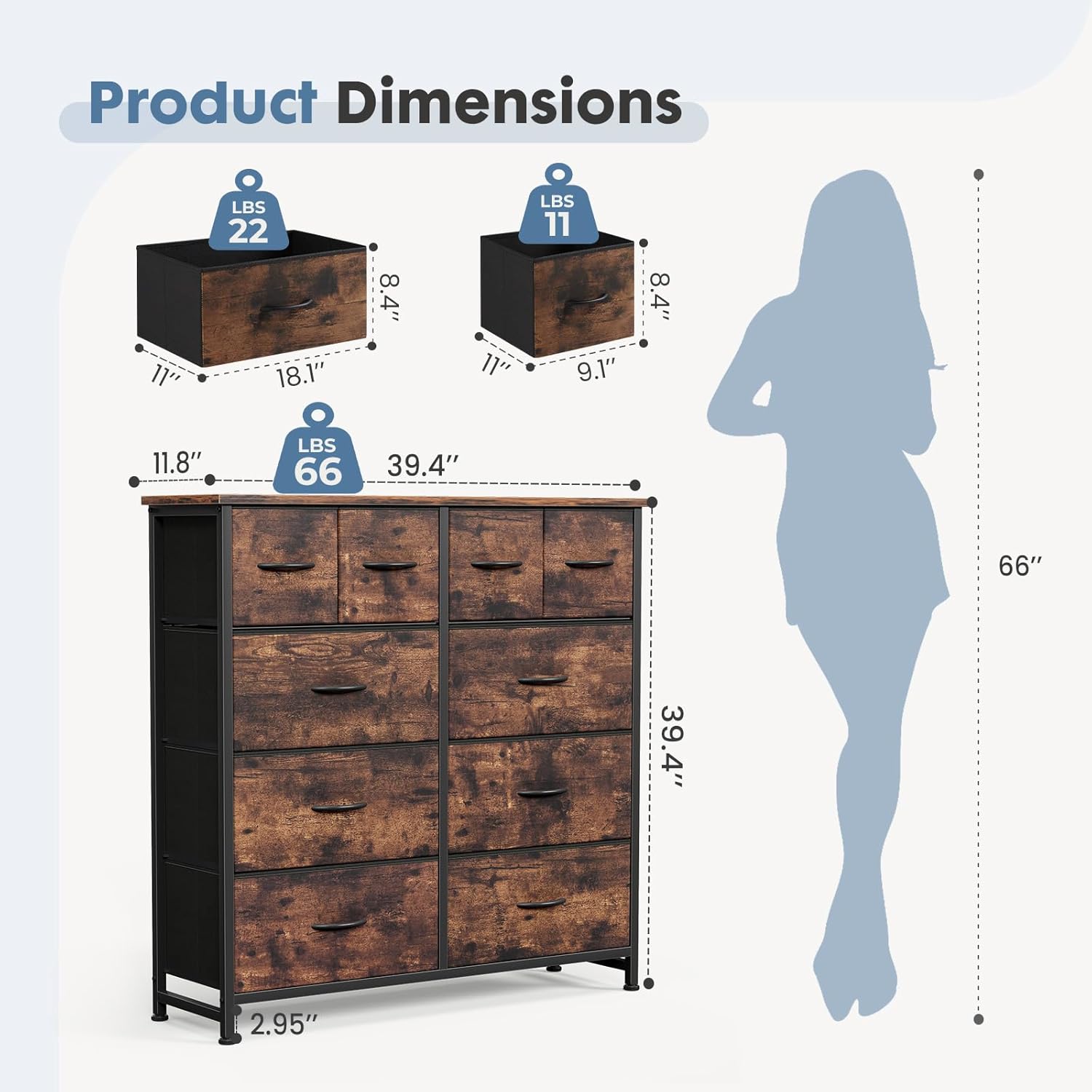 TV Stand for Bedroom, Dresser with 10 Drawers, Fabric Units of Drawers with Metal Frame and Wood Top, Living Room Storage Organizers Units for Books, TV and Other Items, Dark Rust