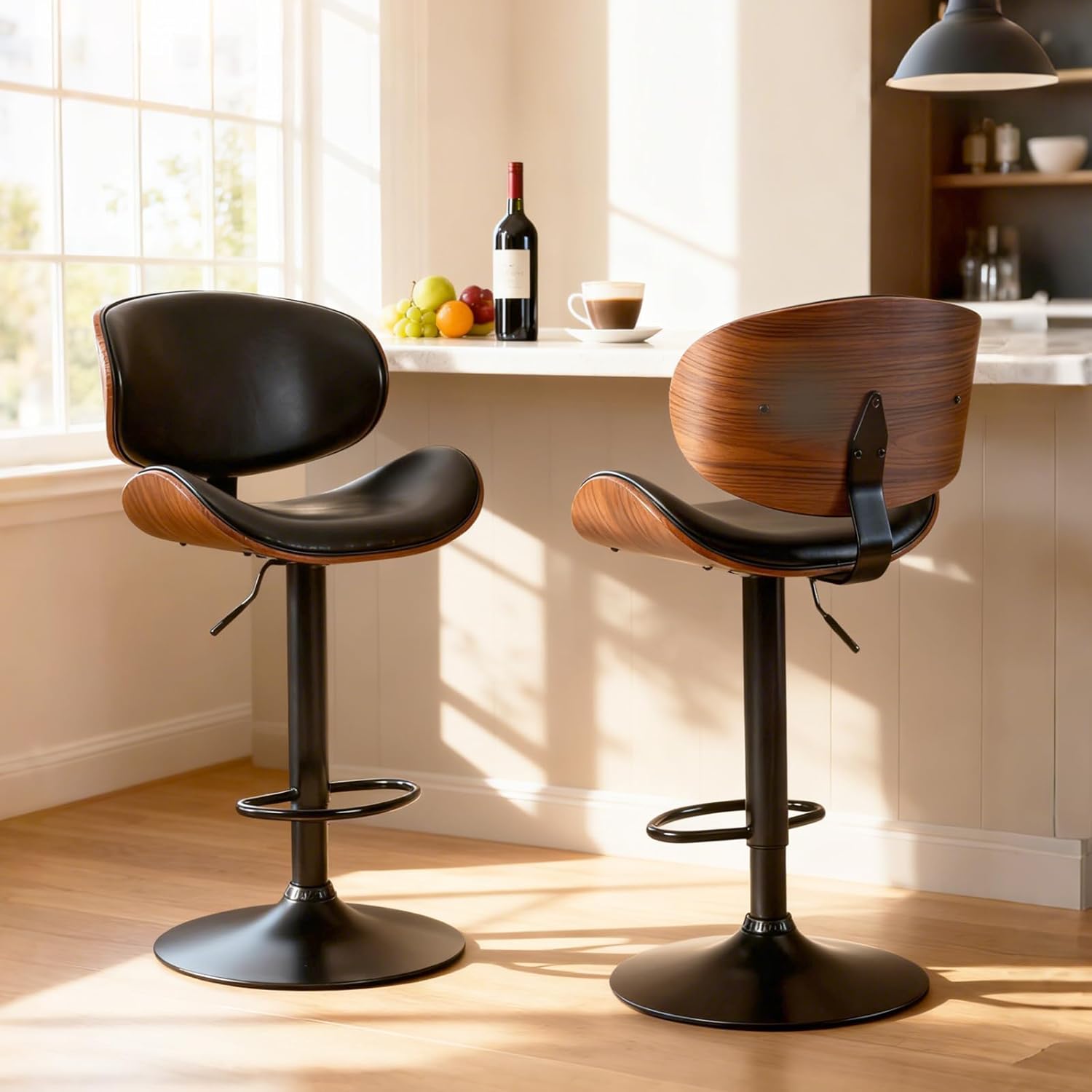Swivel Bar Stools Set of 2, Adjustable Counter Height Bentwood BarStools, PU Leather Upholstery Bar Chair with Ergonomic Back and Footrest, Counter Stools for Bar, Home Kitchen Island, Brown