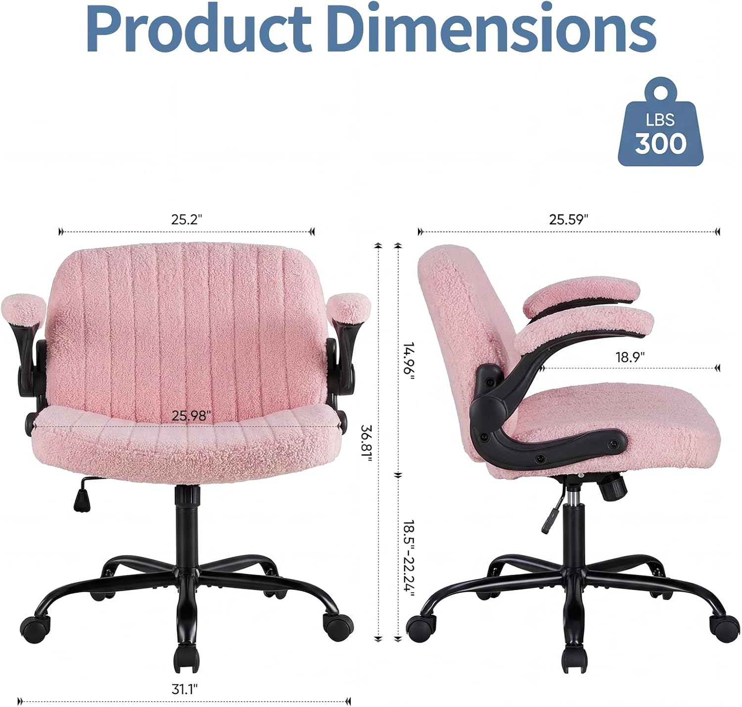 Criss Cross Office Chair with Wheels, Wide Cross Legged Desk Vanity Chair Comfy Fabric Flip-Arms Adjustable Swivel Chairs for Home Computer Bedroom, Teddy Pink