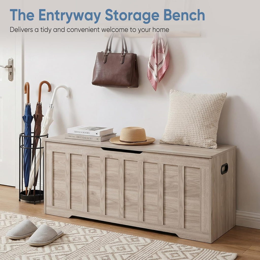 47.2 Extra Large Storage Bench with 2 Safety Gel-Buffered Hinges, Blanket Chest for Bedroom Living Room, Support 150lbs, 2 U-Shaped Cut-Out Pull, Non-Slip Base, Rustic Wood