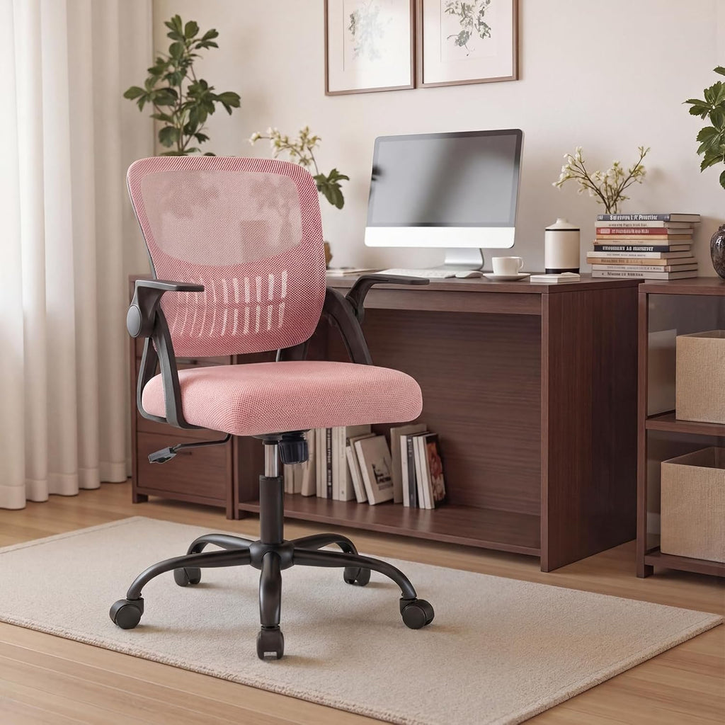 Home Office Desk Chair - Ergonomic Computer Mesh Chair with Lumbar Support & Rocking Mode, Height Adjustable with Flip-up Armrest, for Conference, Meeting Room, 360?? Swivel, Adults, Pink