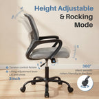Home Office Chair - Ergonomic Mid Back Mesh Desk Chair with Lumbar Support & Rocking Mode, Height Adjustable, Fixed Armrest, for Conference, Computer, 360?? Swivel, Adults, Grey