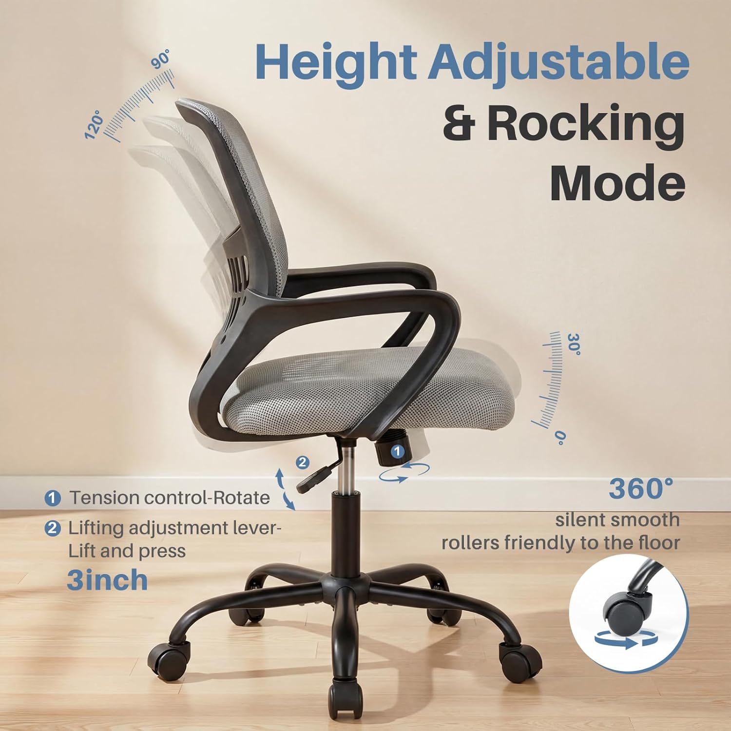 Home Office Chair - Ergonomic Mid Back Mesh Desk Chair with Lumbar Support & Rocking Mode, Height Adjustable, Fixed Armrest, for Conference, Computer, 360?? Swivel, Adults, Grey