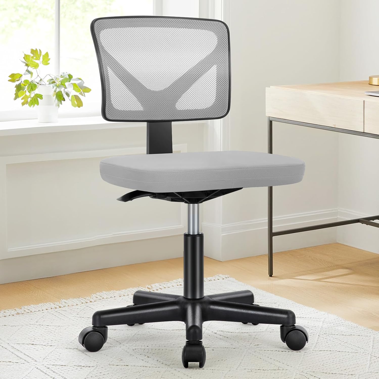 Armless Desk Chairs Set of 2, Ergonomic Adjustable Home Office Swivel Rolling Task Chair No Arms, Comfy Mesh Mid Back Computer Work Vanity Desk Chiars with Wheels for Small Spaces, Blue