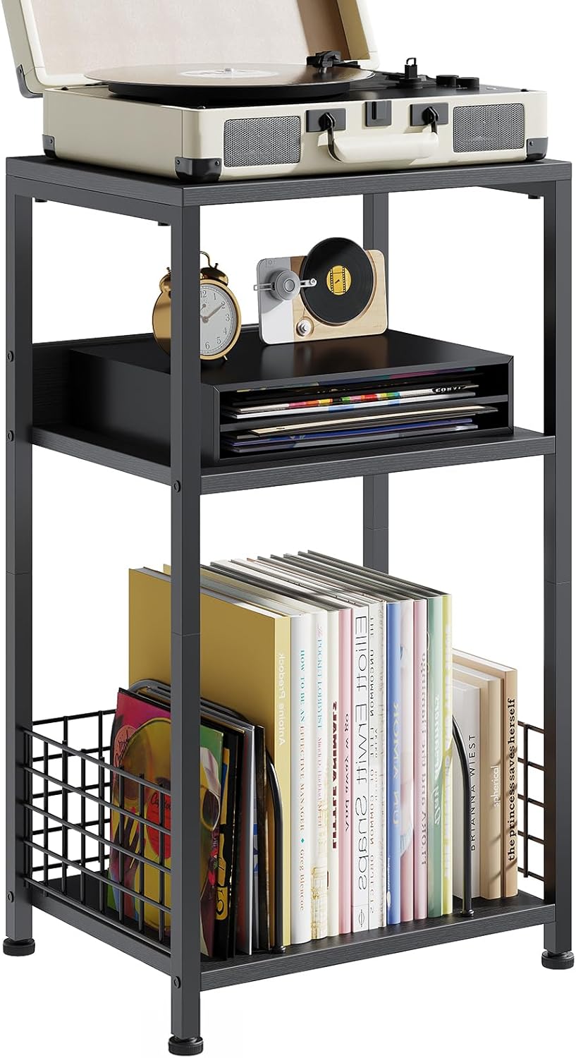 3 Tier Side Table, 2 Pack Record Player Stand with Storage Up to 100 Albums,Turntable Stand for Vinyl,Brown Records Shelf for Living Room Bedroom