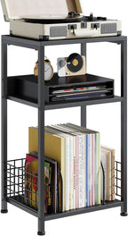 3 Tier Side Table, 2 Pack Record Player Stand with Storage Up to 100 Albums,Turntable Stand for Vinyl, Black Records Shelf for Living Room Bedroom