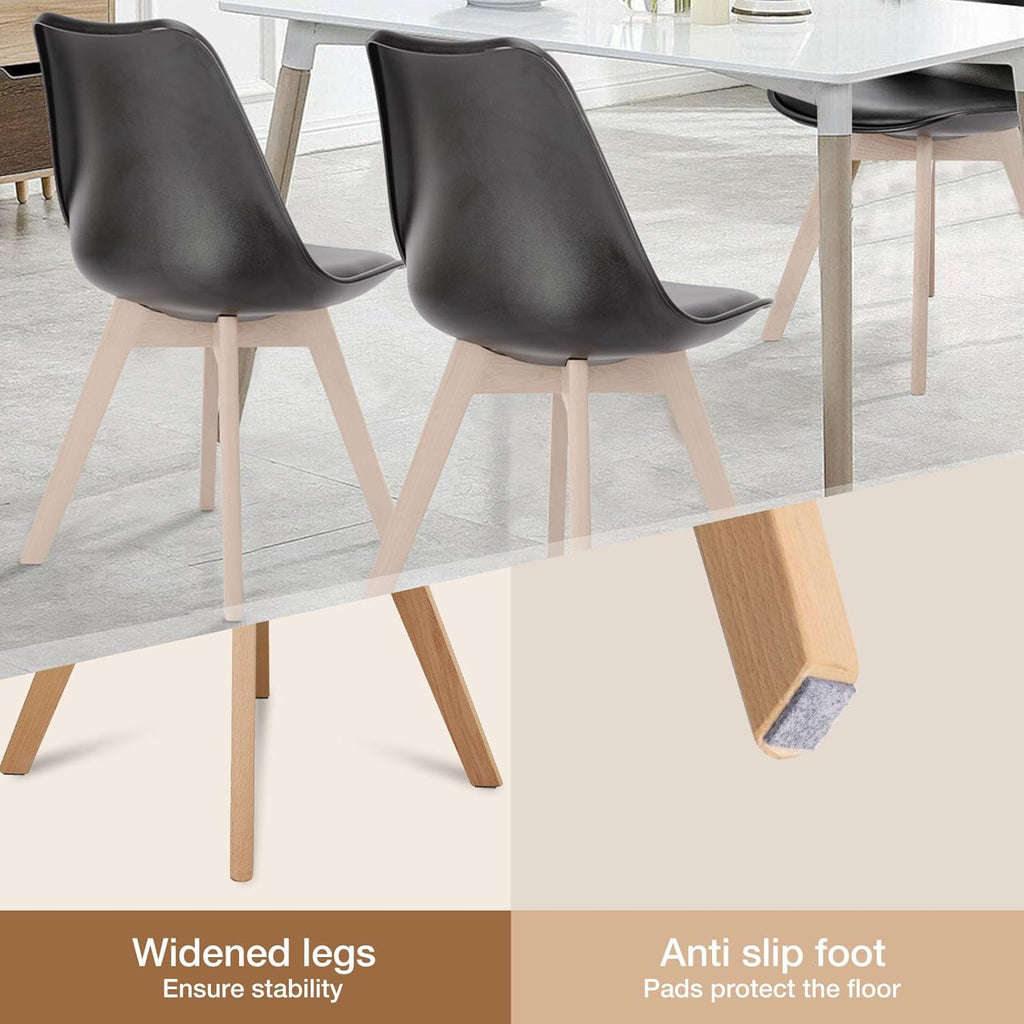 Modern Dining Chairs Set of 4, PU Leather Upholstered Kitchen Chairs with Wood Legs, Mid Century Accent Chairs for Living Room, Bedroom, Outdoor Lounge, Black