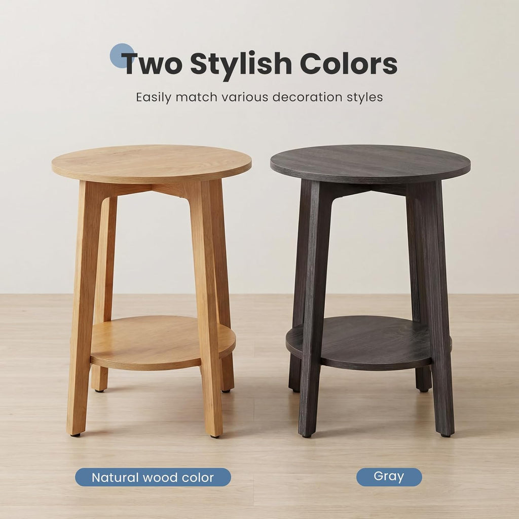 Small Round Side Tables Set of 2 for Living Room, 2-Tier Wood End Tables with Storage Shelf, 220 Lbs, Sturdy Bedside Nightstands with Non-Slip Pads, Easy Assembly, Grey