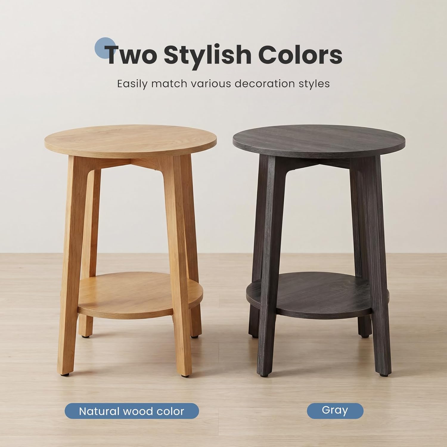 Small Round Side Tables Set of 2 for Living Room, 2-Tier Wood End Tables with Storage Shelf, 220 Lbs, Sturdy Bedside Nightstands with Non-Slip Pads, Easy Assembly, Grey