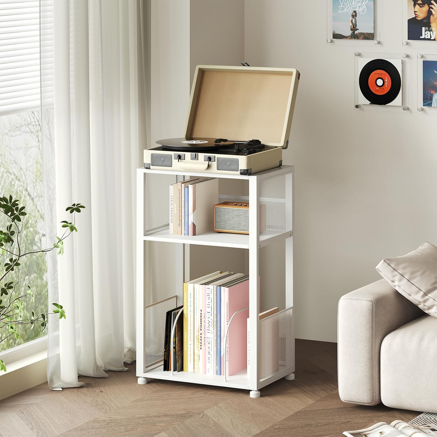 3 Tier Side Table, 2 Pack Record Player Stand with Storage Up to 100 Albums,Turntable Stand for Vinyl, White Records Shelf for Living Room Bedroom