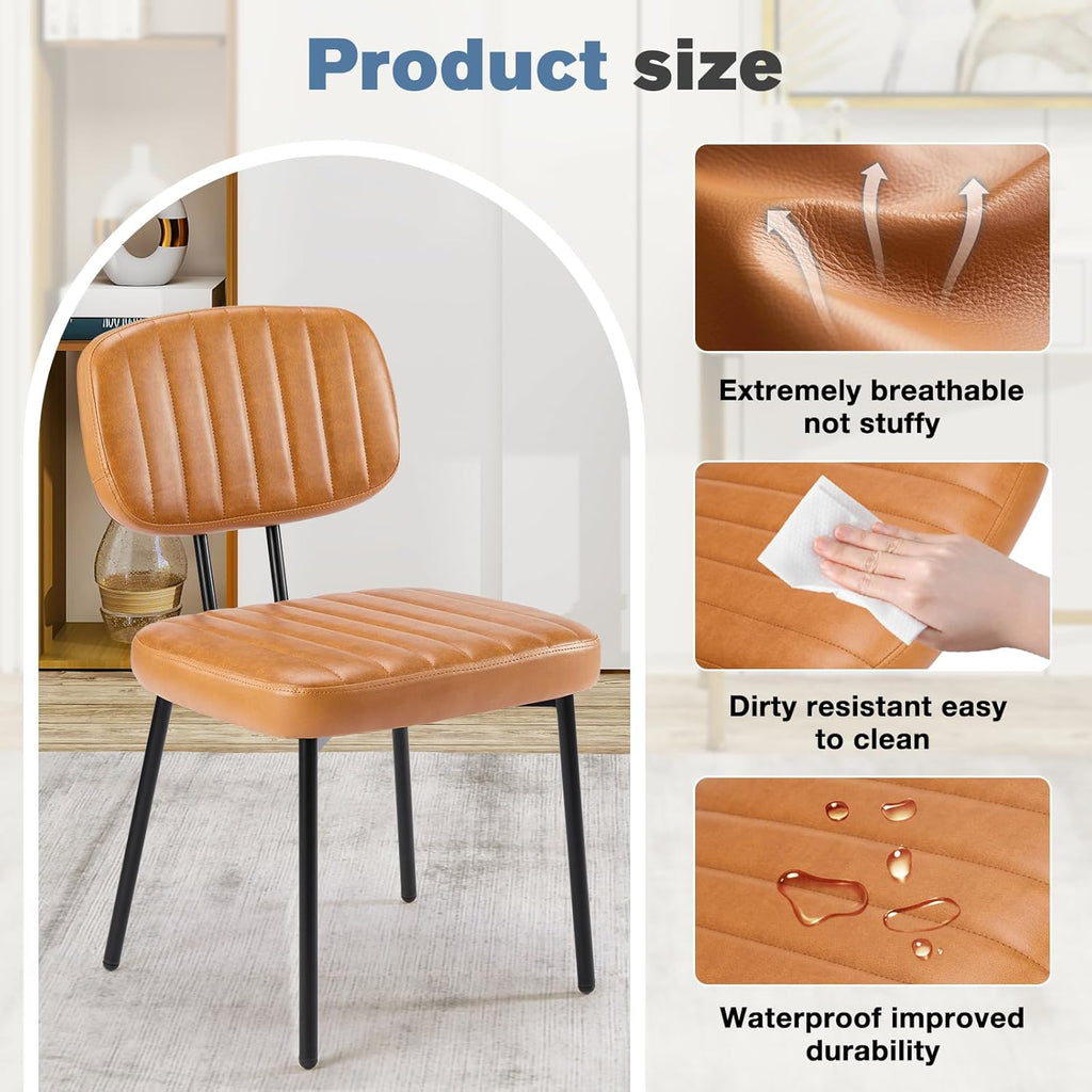 Dining Chairs Set of 6, Upholstered Mid-Century PU Leather Accent Chair with Backrest and Metal Legs for Kitchen, Living Room, Brown