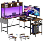 47?? Gaming Desk with USB Charging Ports & LED Lights, Reversible L Shaped Desks Computer Corner Gamer Table with Power Outlets Monitor Stand Storage Shelves for Home Office Small Space, White