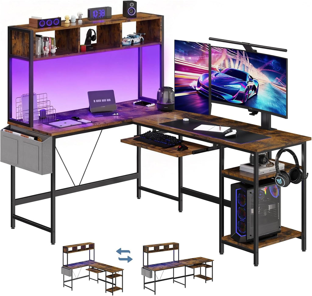 47?? Gaming Desk with USB Charging Ports & LED Lights, Reversible L Shaped Desks Computer Corner Gamer Table with Power Outlets Monitor Stand Storage Shelves for Home Office Small Space, Black
