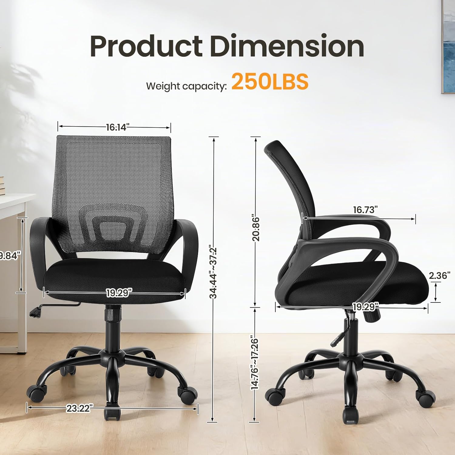 Office Desk Chair - Ergonomic Mid Back with Lumbar Support & Rocking Mode, Height Adjustable with Fixed Armrest, Storage Back for Computer, Gaming, Conference, Meeting, 360?? Swivel, Black